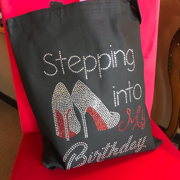 Canvas Black Birthday Rhinestone Embellished Tote Bag NWT - Picture 3 of 8